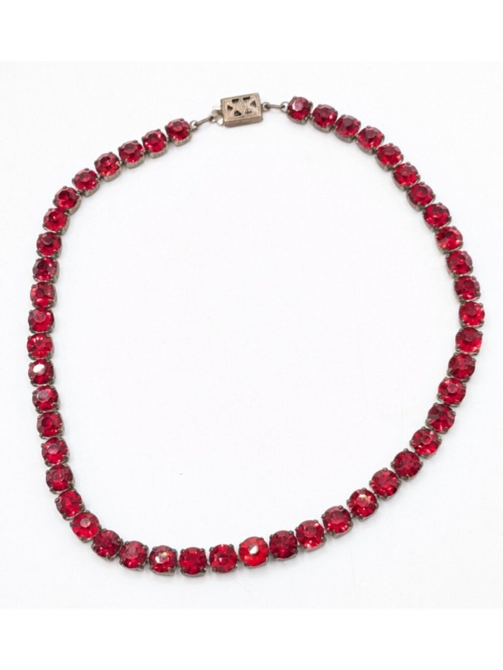 Vintage Sterling Silver Ruby Red Crystal Tennis Necklace Choker 14.5"